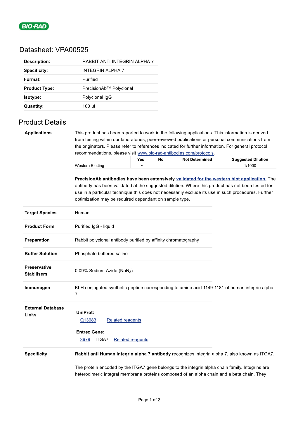 Datasheet: VPA00525 Product Details