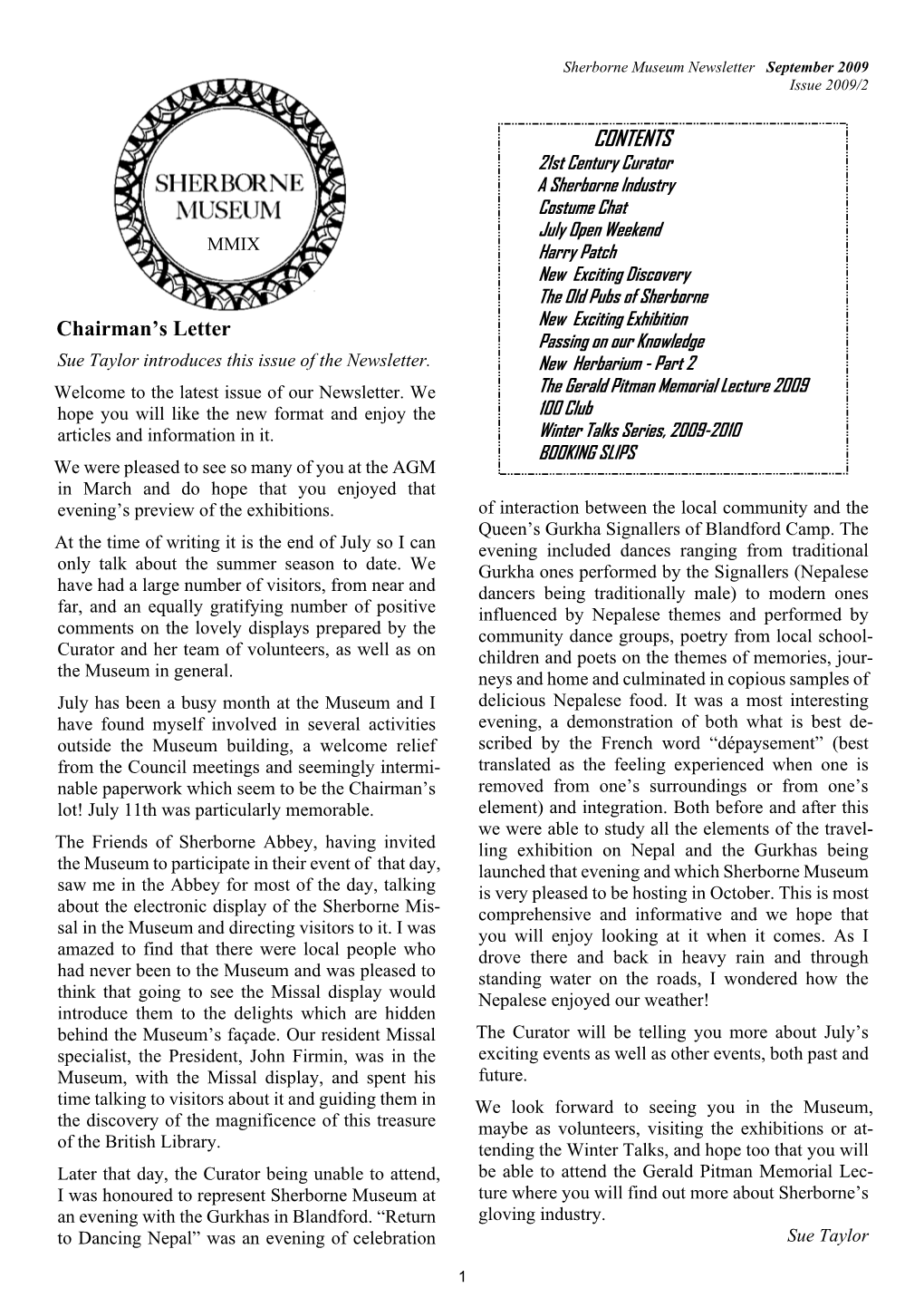 September Newsletter Aug 27Th 2009
