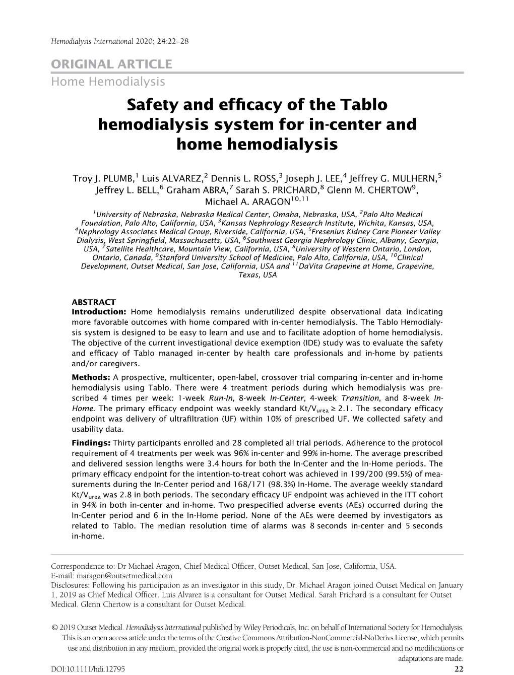 Safety and Efficacy of the Tablo ® Hemodialysis System for In-Center