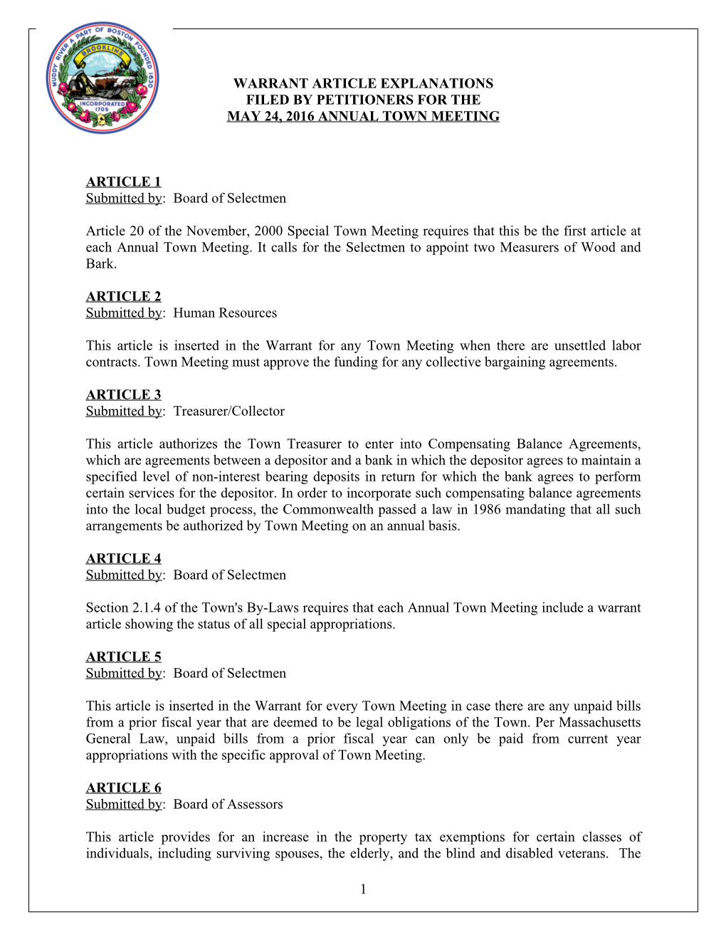 May 24, 2016 Annual Town Meeting Article Explanations (PDF)