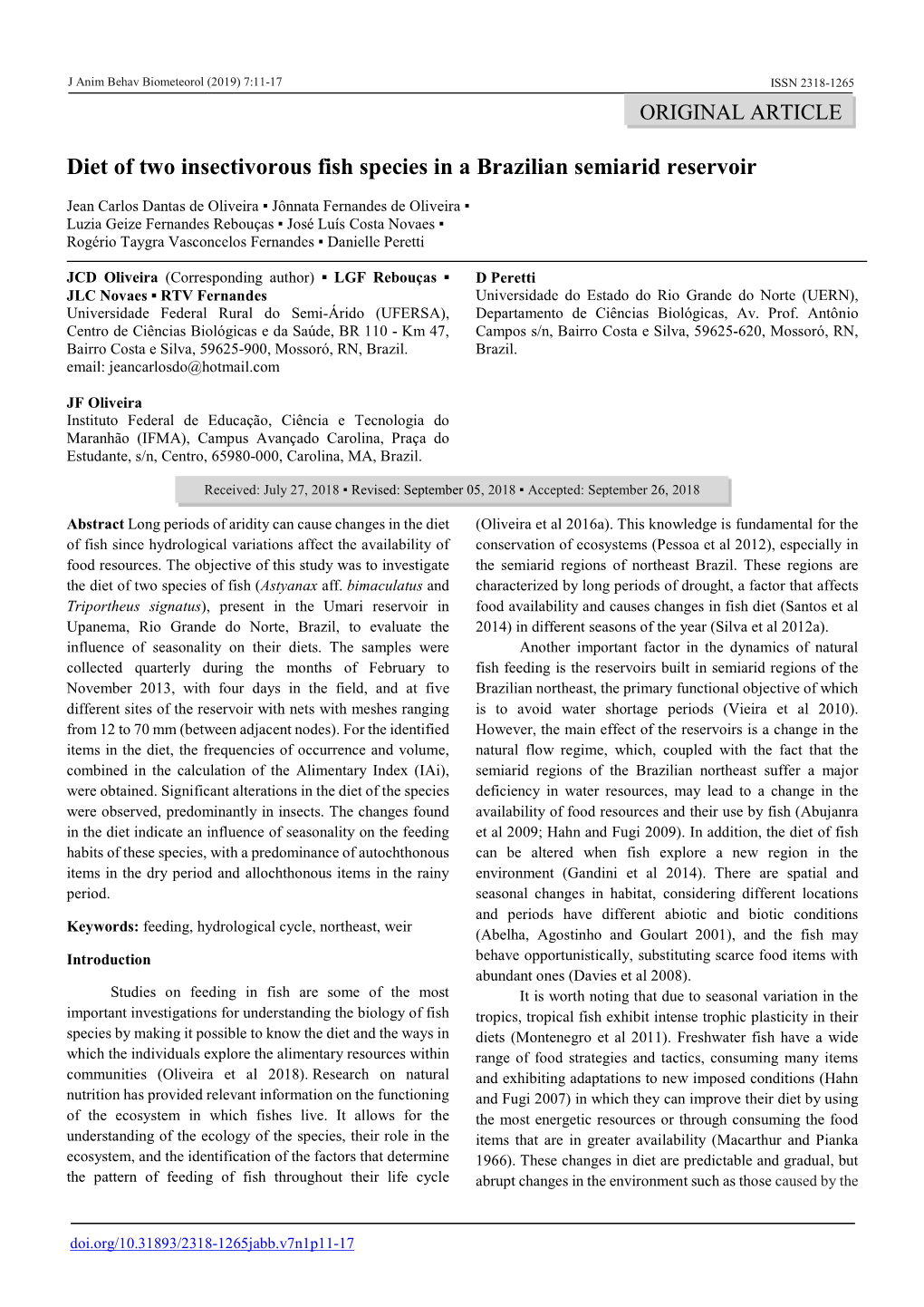 Diet of Two Insectivorous Fish Species in a Brazilian Semiarid Reservoir