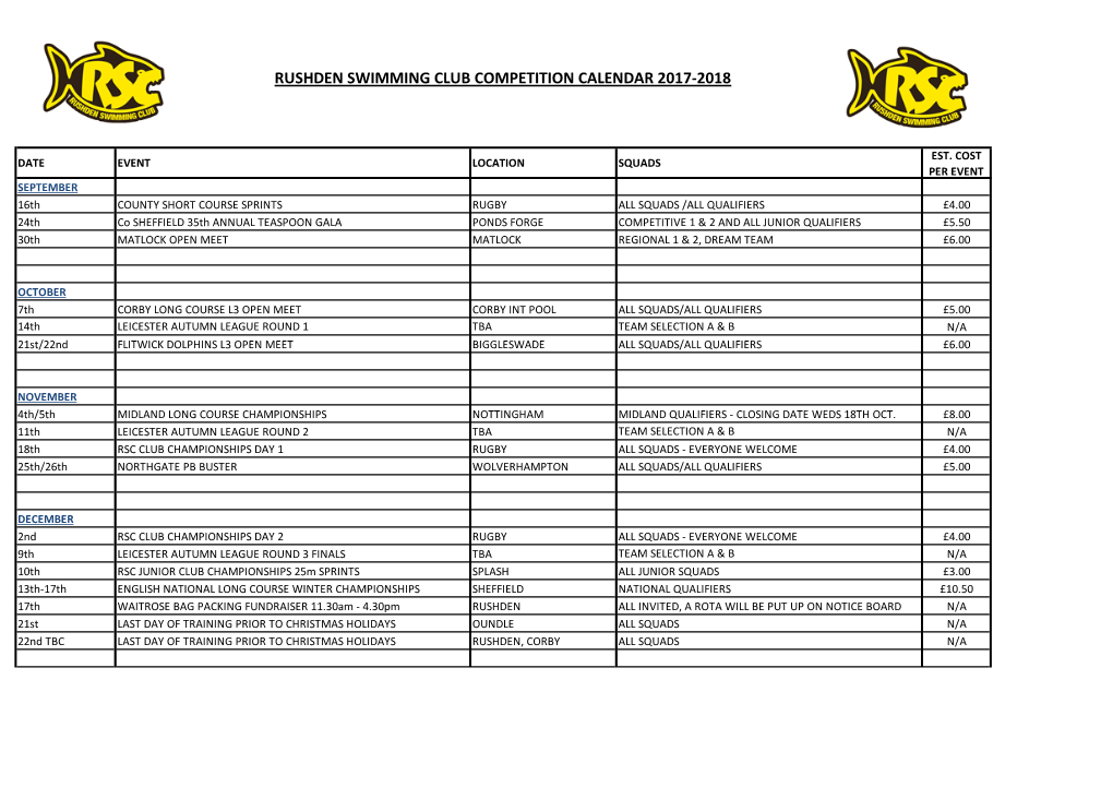 Rushden Swimming Club Competition Calendar 2017-2018