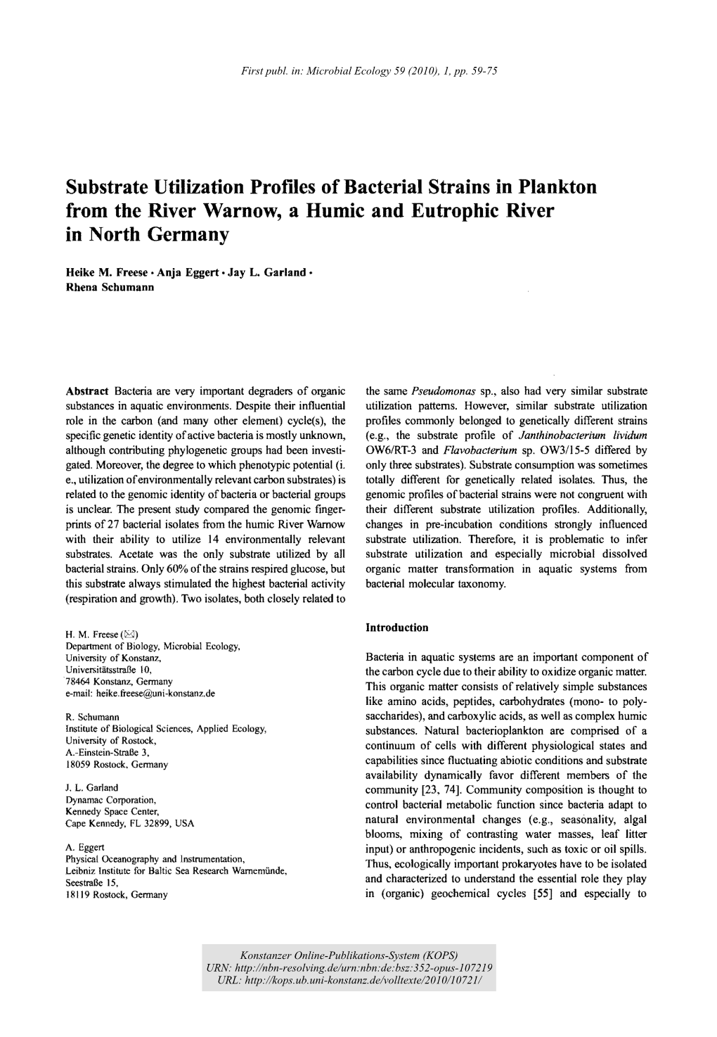 Substrate Utilization Profiles of Bacterial Strains in Plankton from the River Warnow, a Humic and Eutrophic River in North Germany