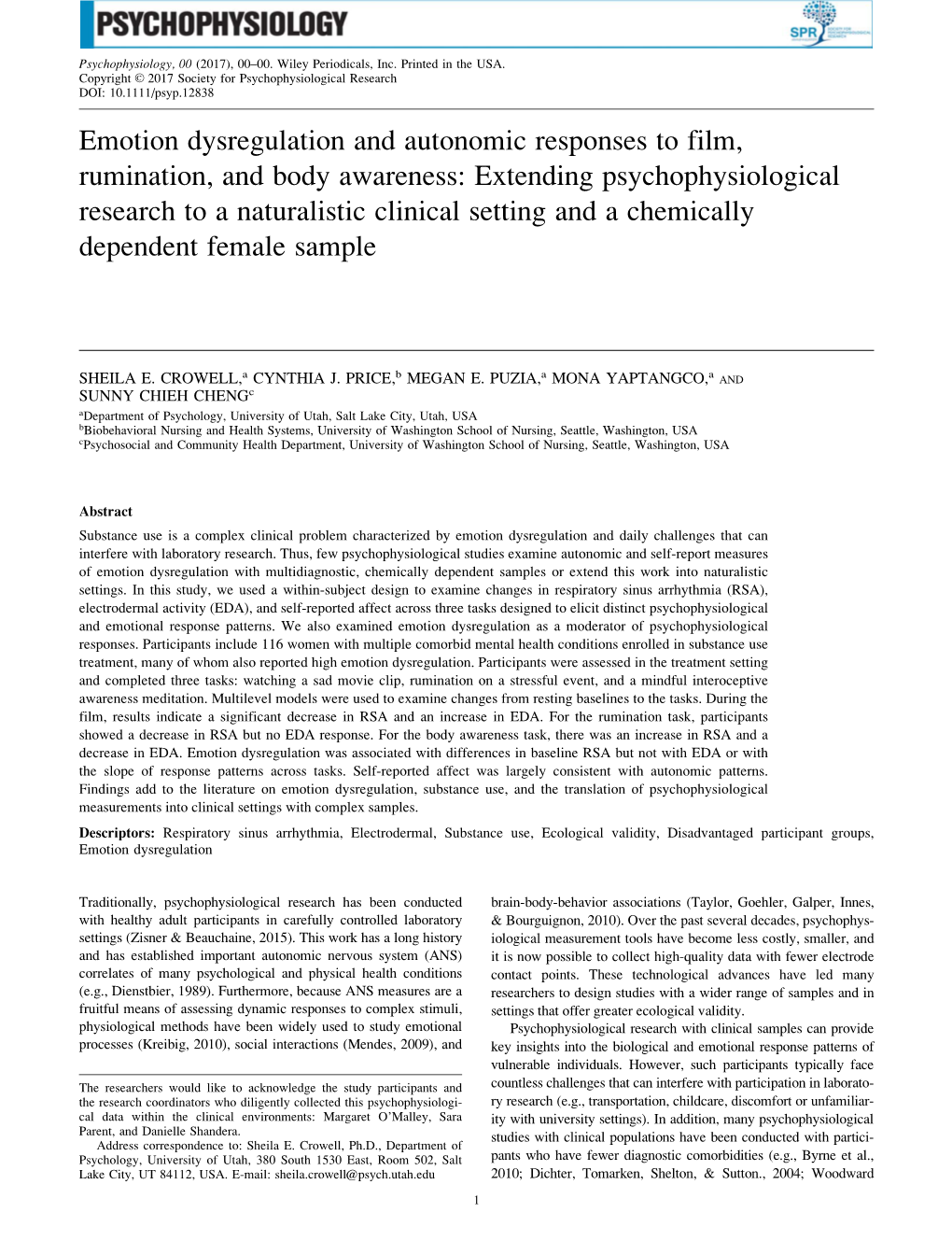 Emotion Dysregulation and Autonomic Responses to Film