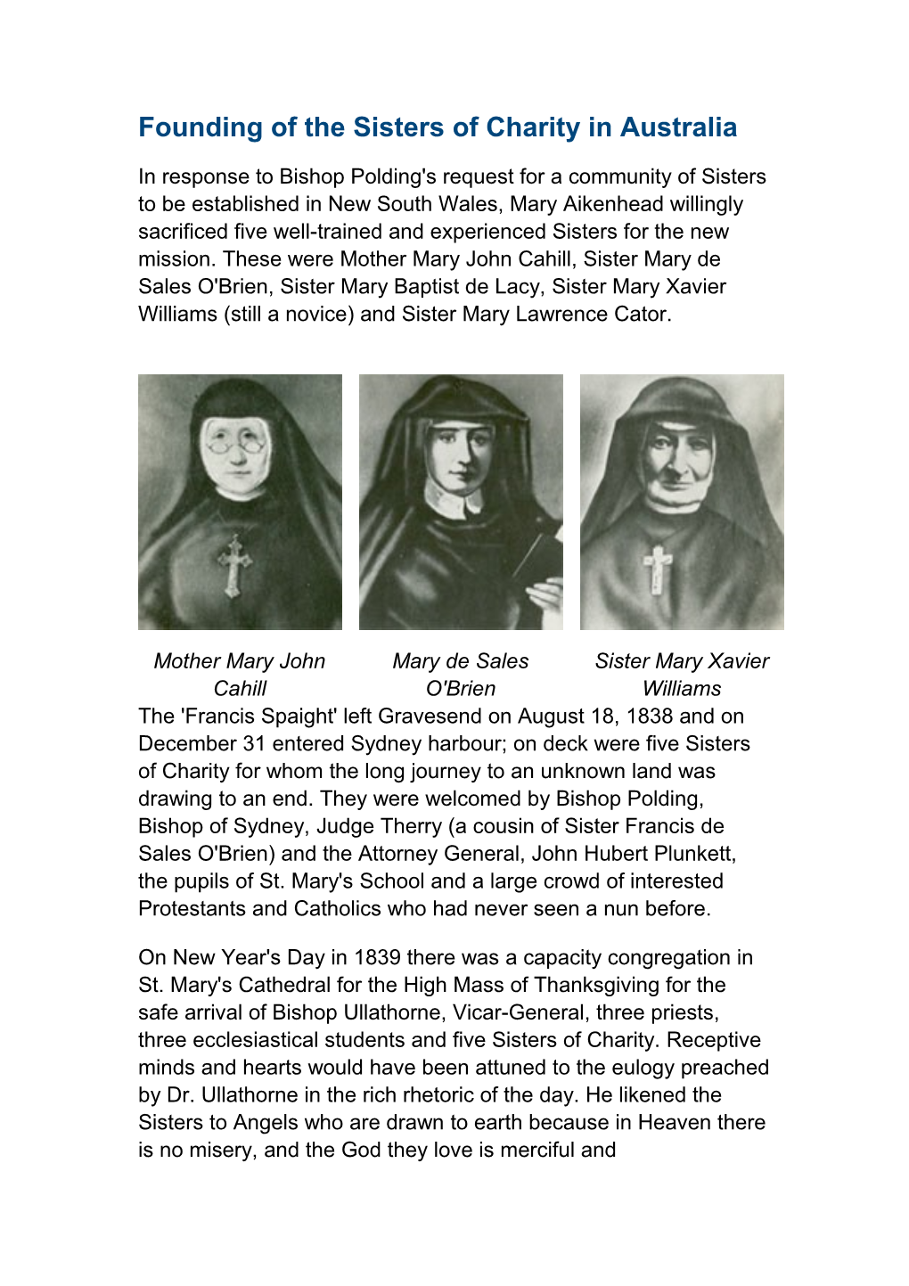 Founding of the Sisters of Charity in Australia