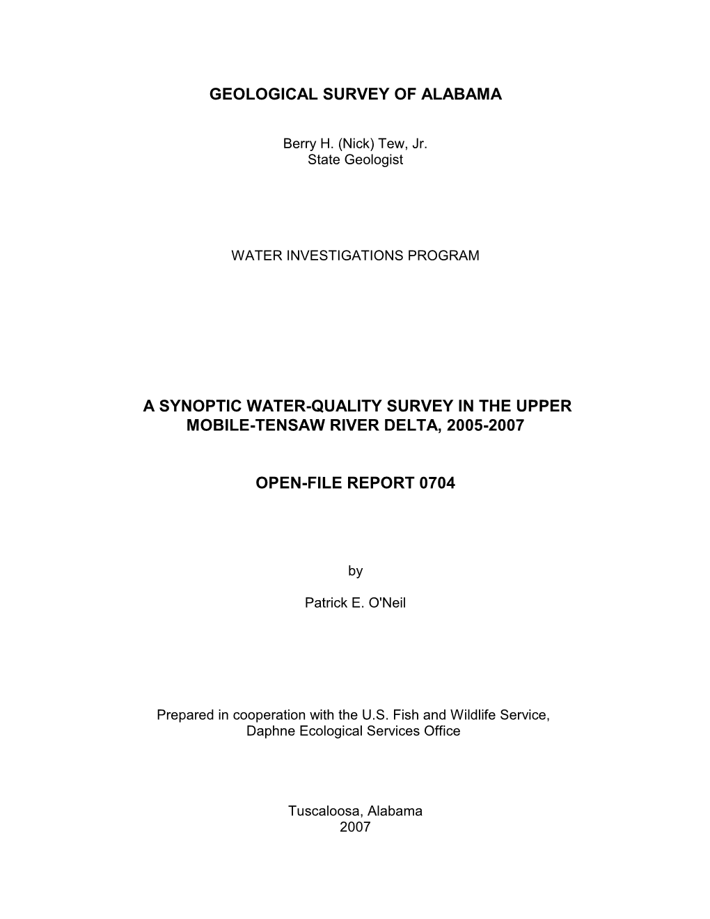 Geological Survey of Alabama a Synoptic Water