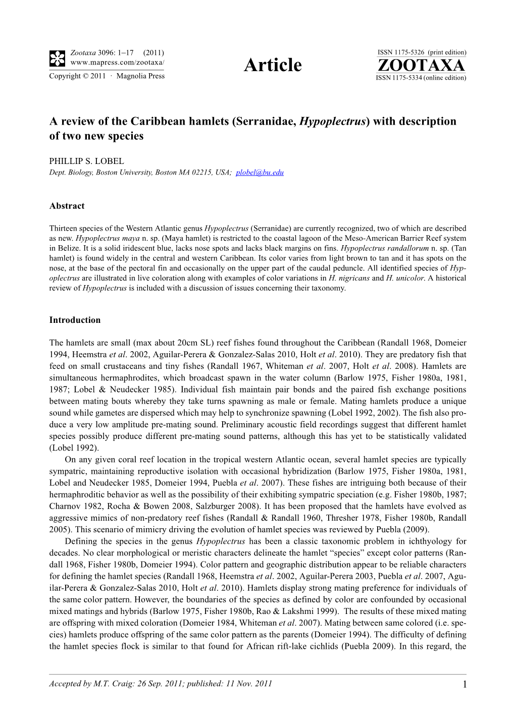 Serranidae, Hypoplectrus) with Description of Two New Species