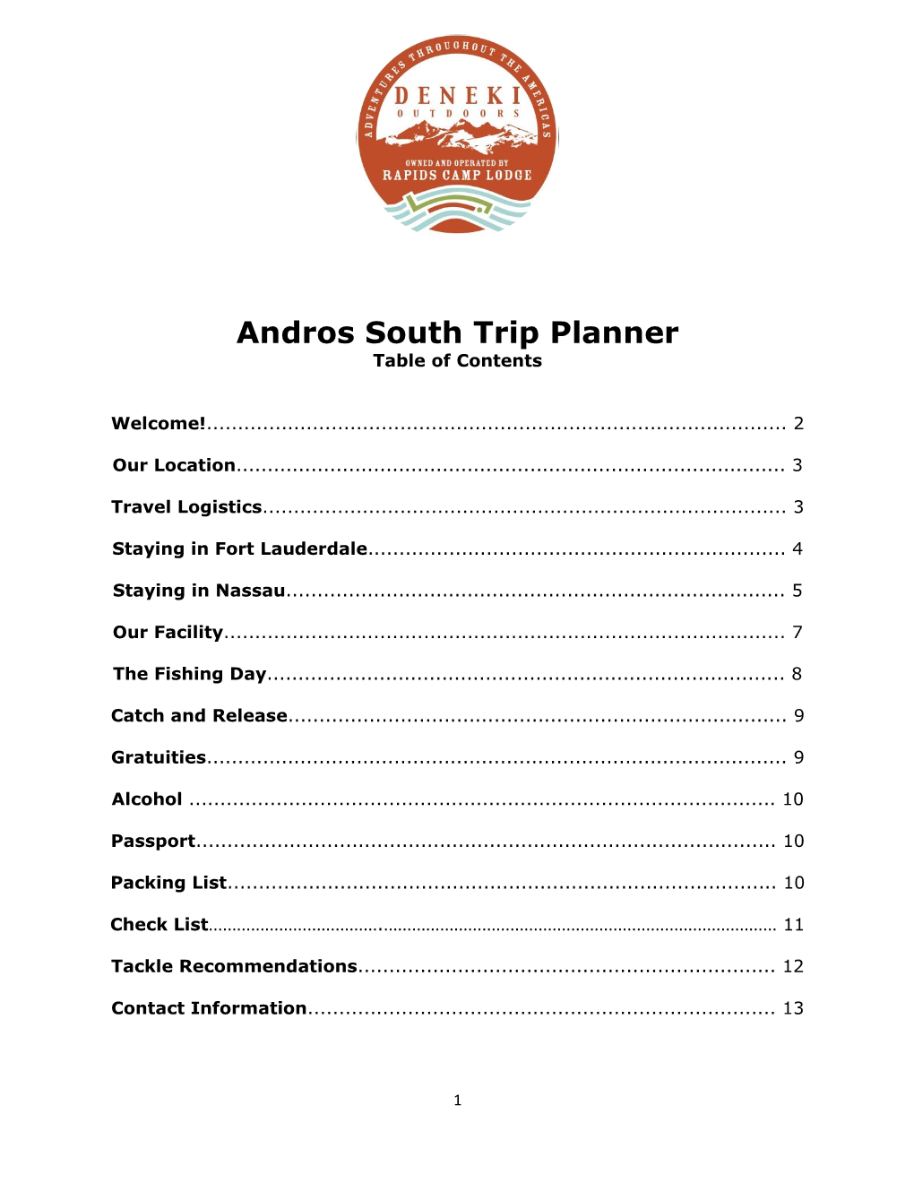 Andros South Trip Planner Table of Contents