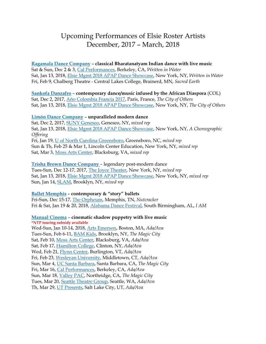 Upcoming Performances of Elsie Roster Artists December, 2017 – March, 2018