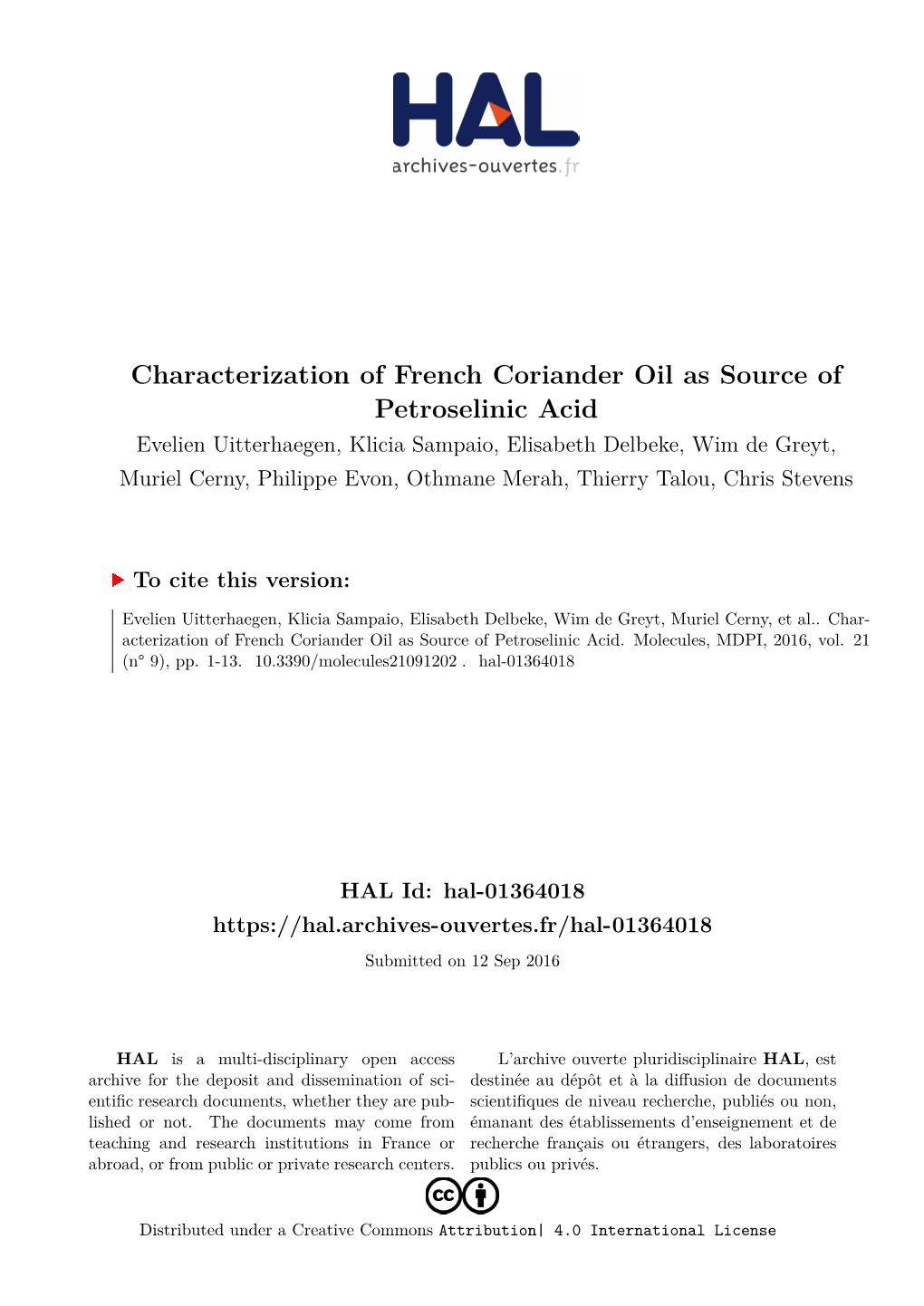 Characterization of French Coriander Oil As Source of Petroselinic Acid