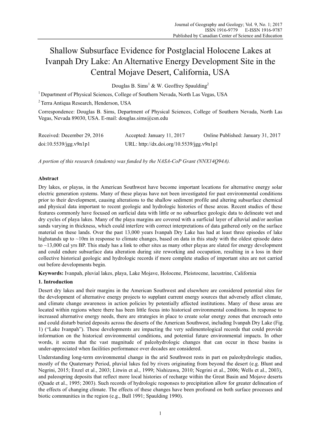 Shallow Subsurface Evidence for Postglacial Holocene Lakes at Ivanpah Dry Lake: an Alternative Energy Development Site in the Central Mojave Desert, California, USA