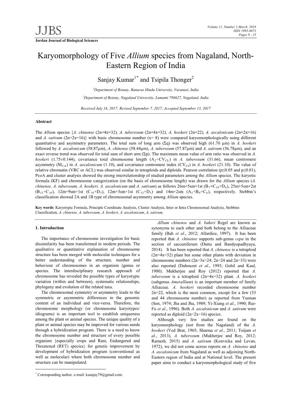 Karyomorphology of Five Allium Species from Nagaland, North- Eastern Region of India