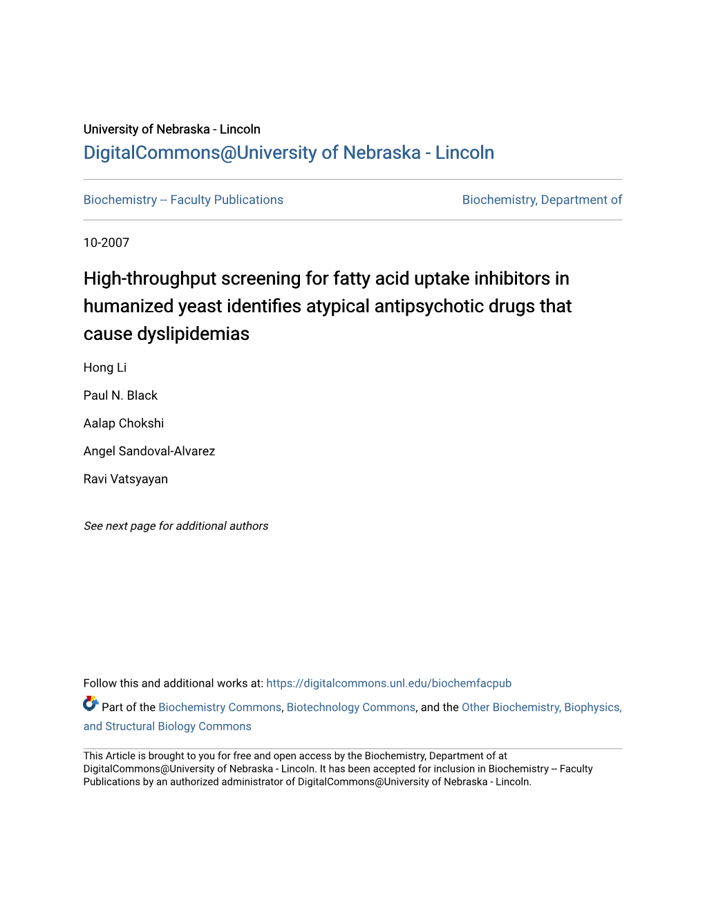 High-Throughput Screening for Fatty Acid Uptake Inhibitors in Humanized Yeast Identifies Atypical Antipsychotic Drugs That Cause Dyslipidemias