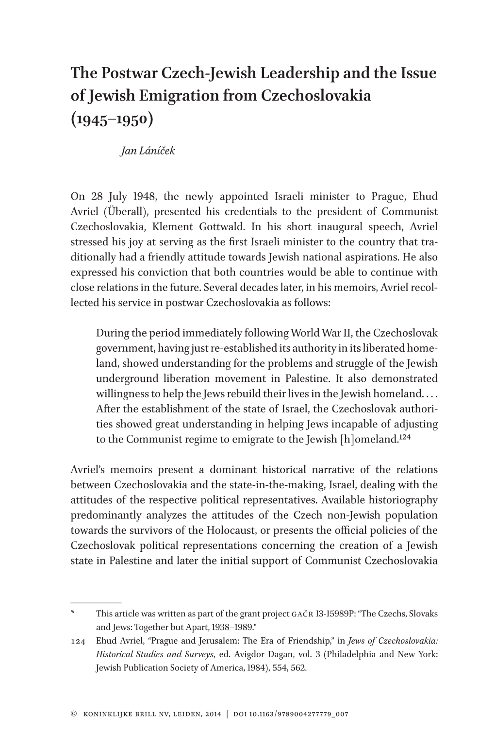 The Postwar Czech-Jewish Leadership and the Issue of Jewish Emigration from Czechoslovakia (1945–1950)