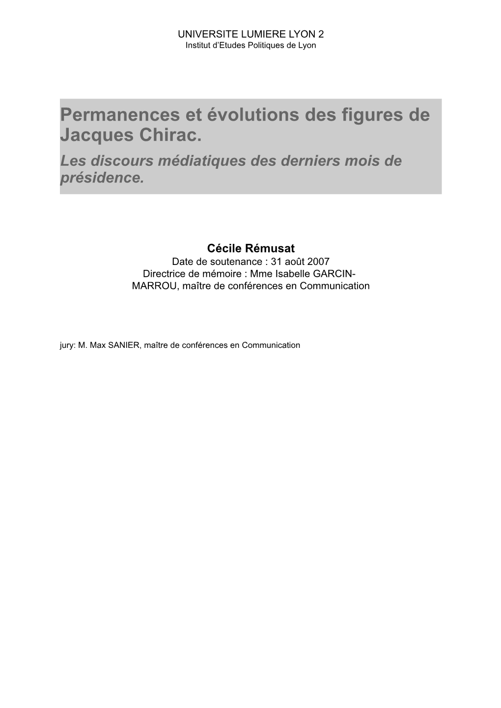 Permanences Et Évolutions Des Figures De Jacques Chirac. Les Discours Médiatiques Des Derniers Mois De Présidence