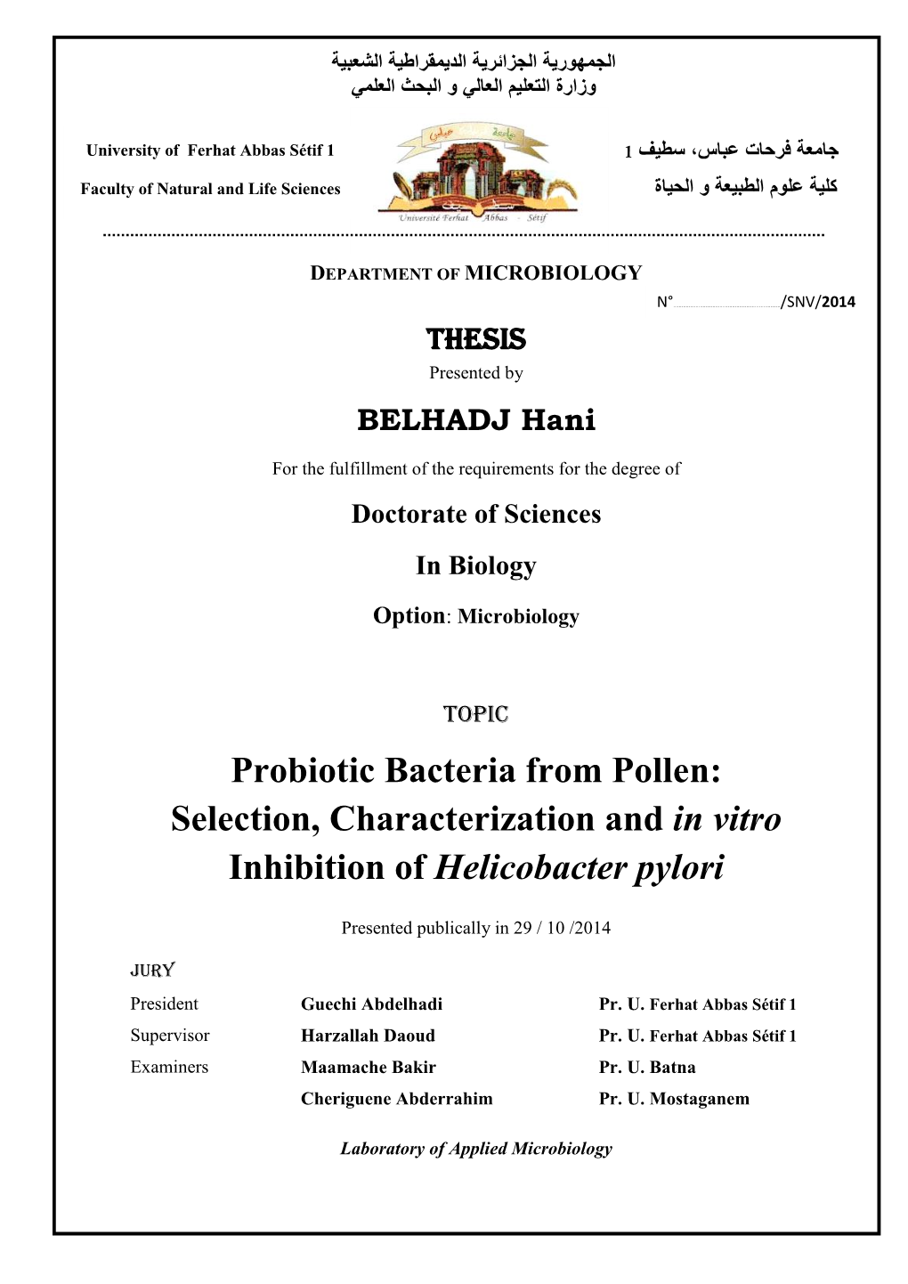 Probiotic Bacteria from Pollen: Selection, Characterization and in Vitro Inhibition of Helicobacter Pylori