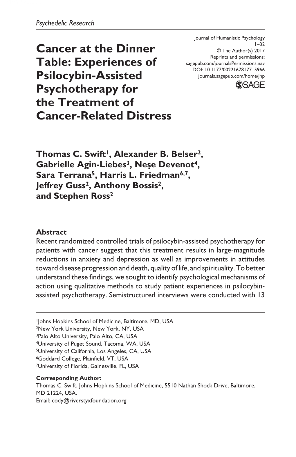 Cancer at the Dinner Table: Experiences of Psilocybin-Assisted Psychotherapy for the Treatment of Cancer-Related Distress