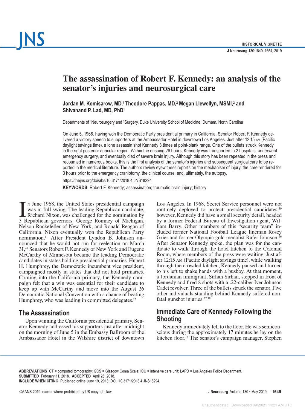 The Assassination of Robert F. Kennedy: an Analysis of the Senator's Injuries and Neurosurgical Care