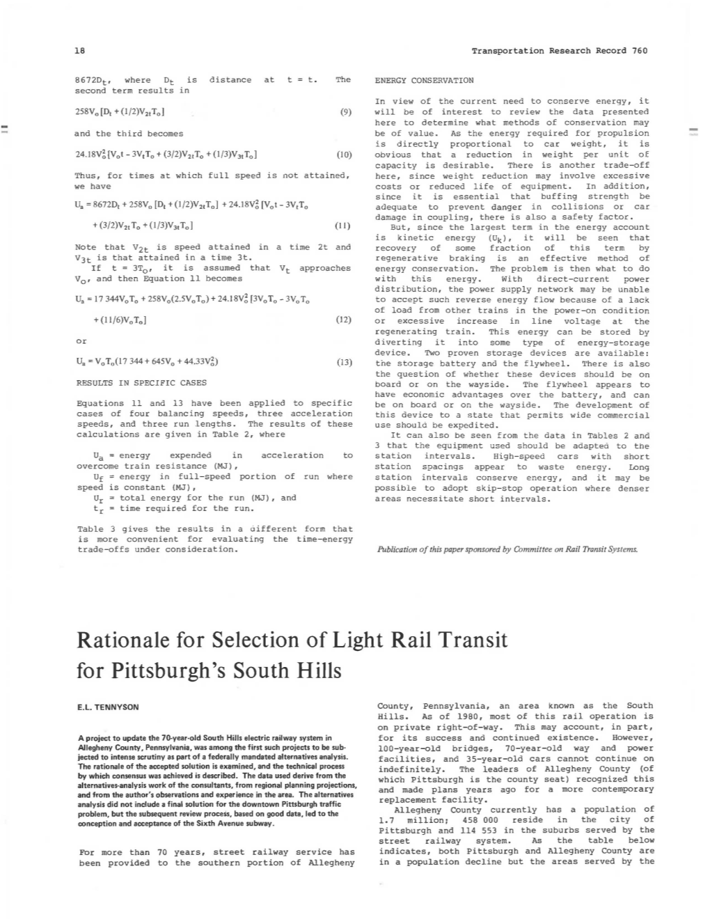 Rationale for Selection of Light Rail Transit for Pittsburgh's South Hills