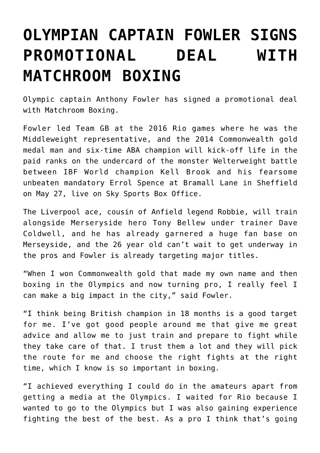 Olympian Captain Fowler Signs Promotional Deal with Matchroom Boxing