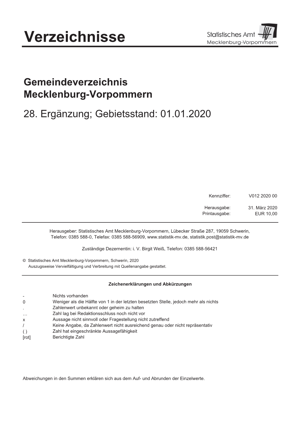 Mecklenburg-Vorpommern 28. Ergänzung; Gebietsstand: 01.01.2020