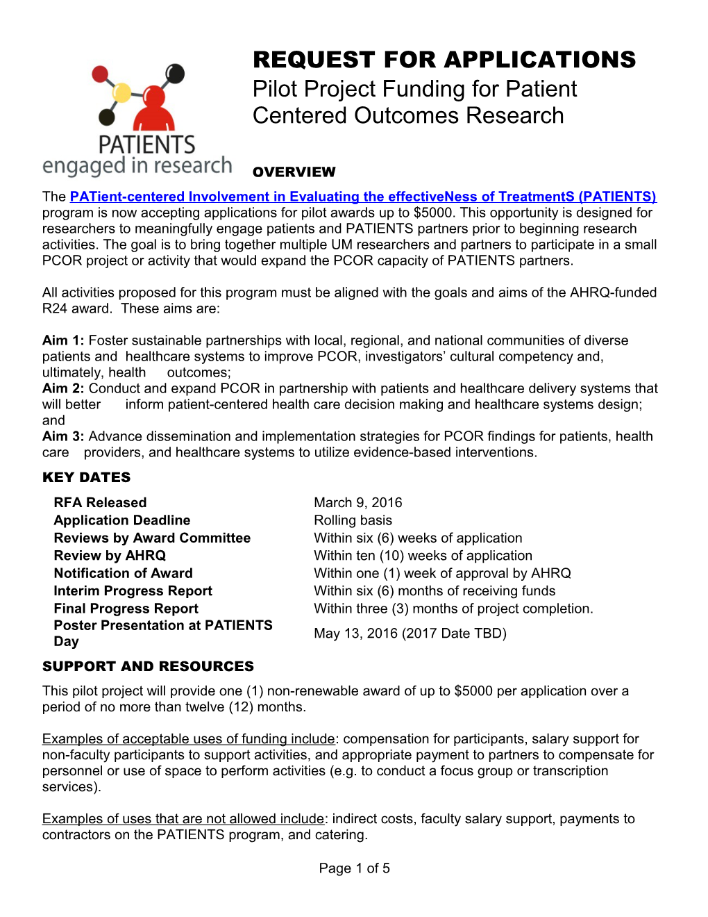 Pilot Project Funding for Patient Centered Outcomes Research