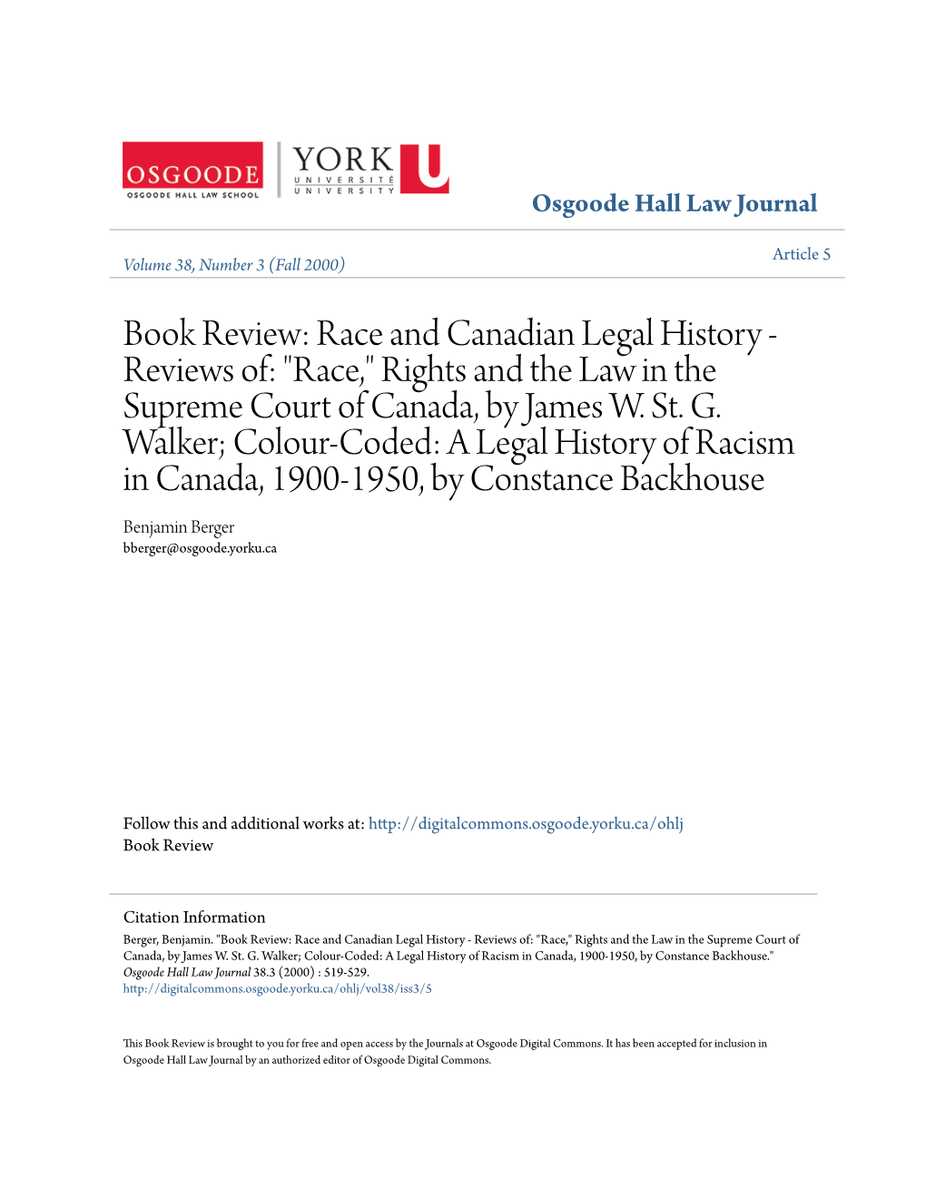 Race and Canadian Legal History - Reviews Of: "Race," Rights and the Law in the Supreme Court of Canada, by James W
