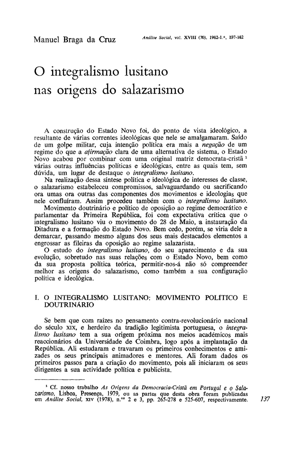 O Integralismo Lusitano Nas Origens Do Salazarismo