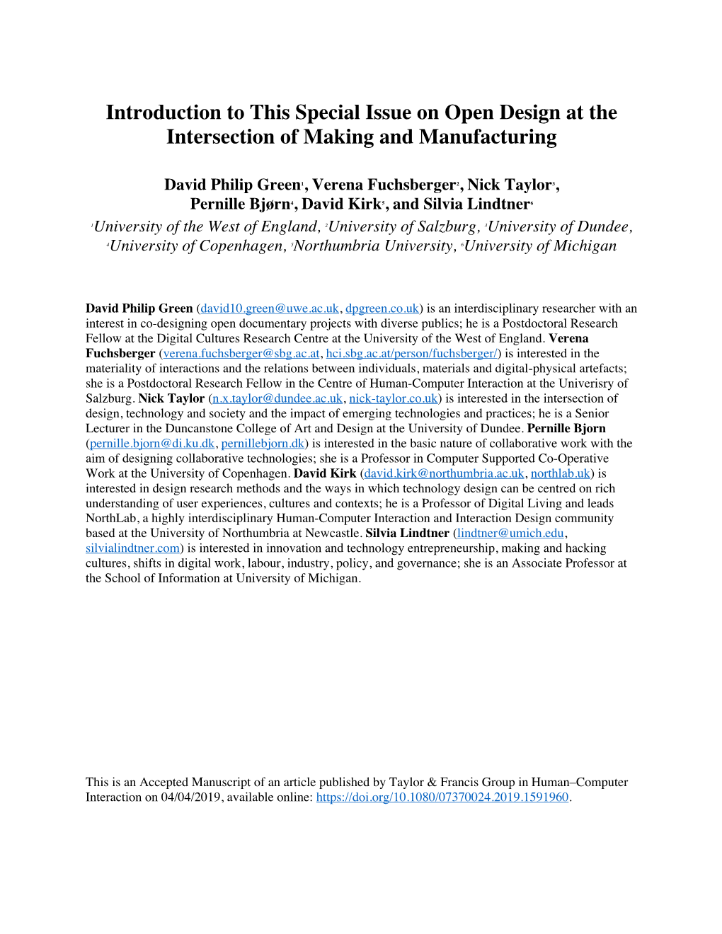 Introduction to This Special Issue on Open Design at the Intersection of Making and Manufacturing