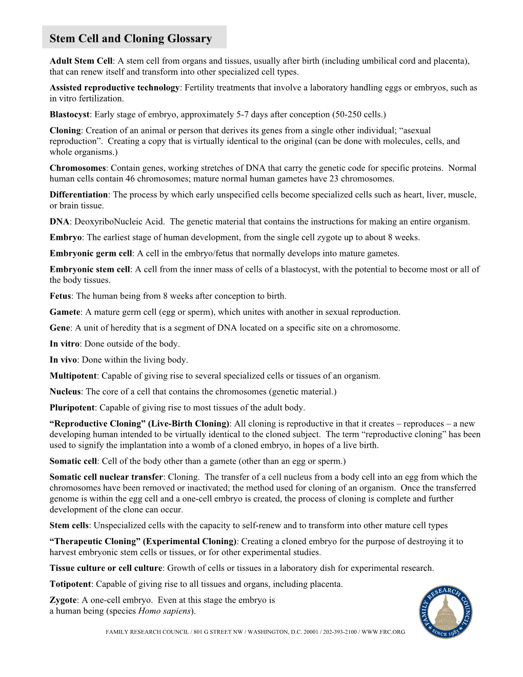 Stem Cell and Cloning Glossary