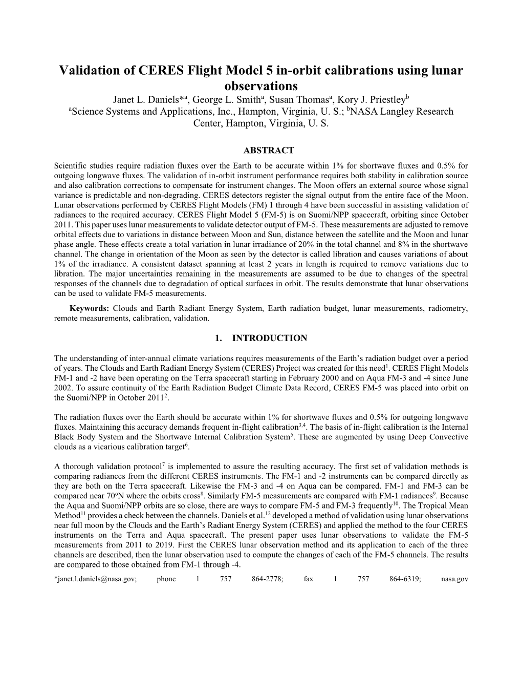 Validation of CERES Flight Model 5 In-Orbit Calibrations Using Lunar Observations Janet L