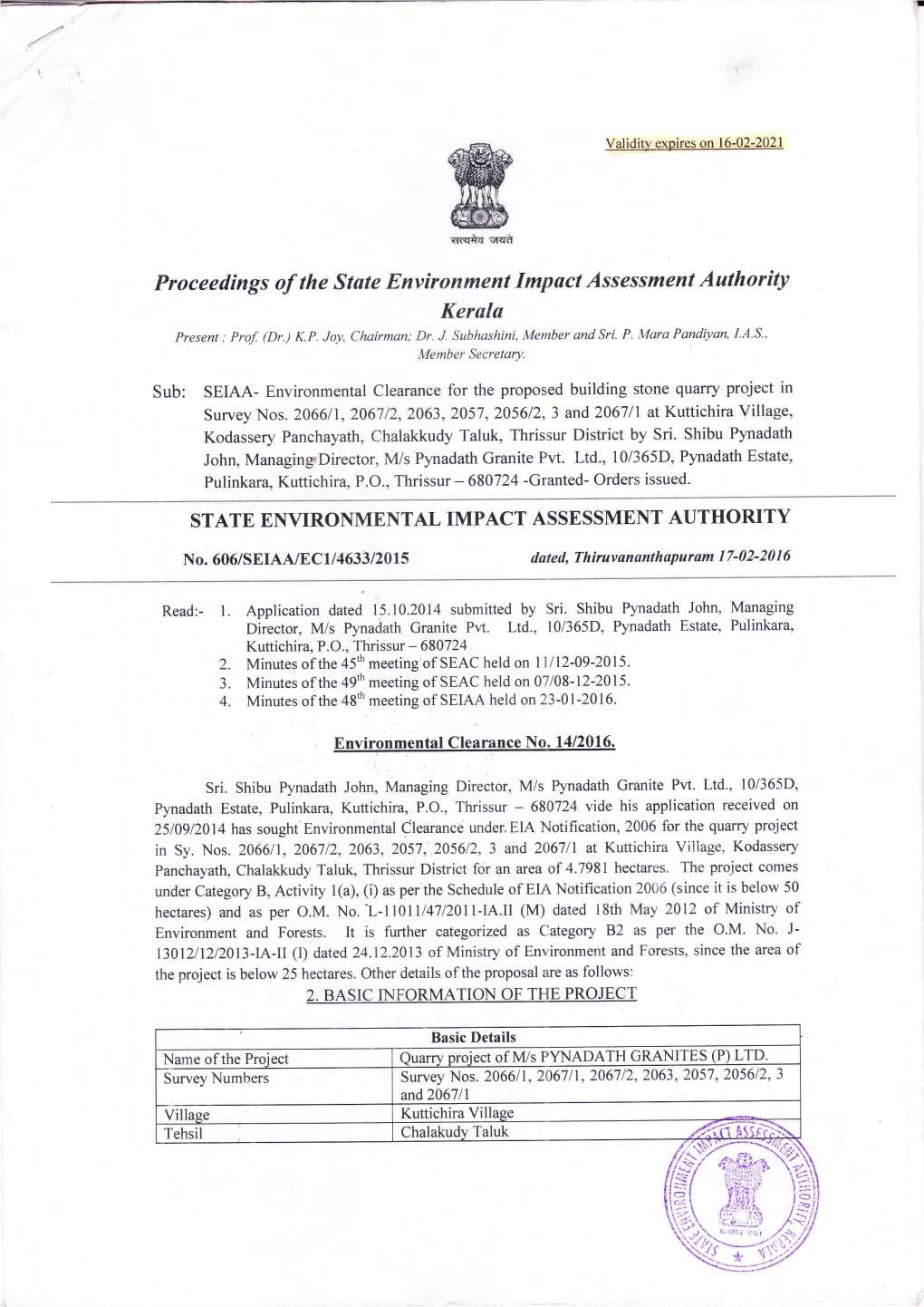 Environmental Clearance for the Proposed Building Stone Quarry Project in Survey Nos