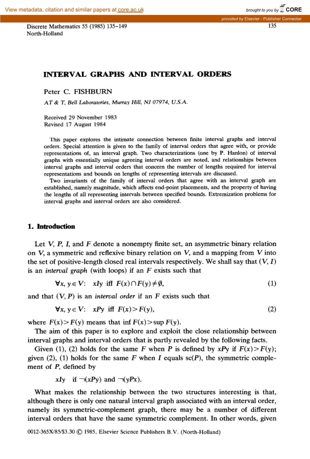 INTERVAL GRAPHS and INTERVAL ORDERS 1. Introduction