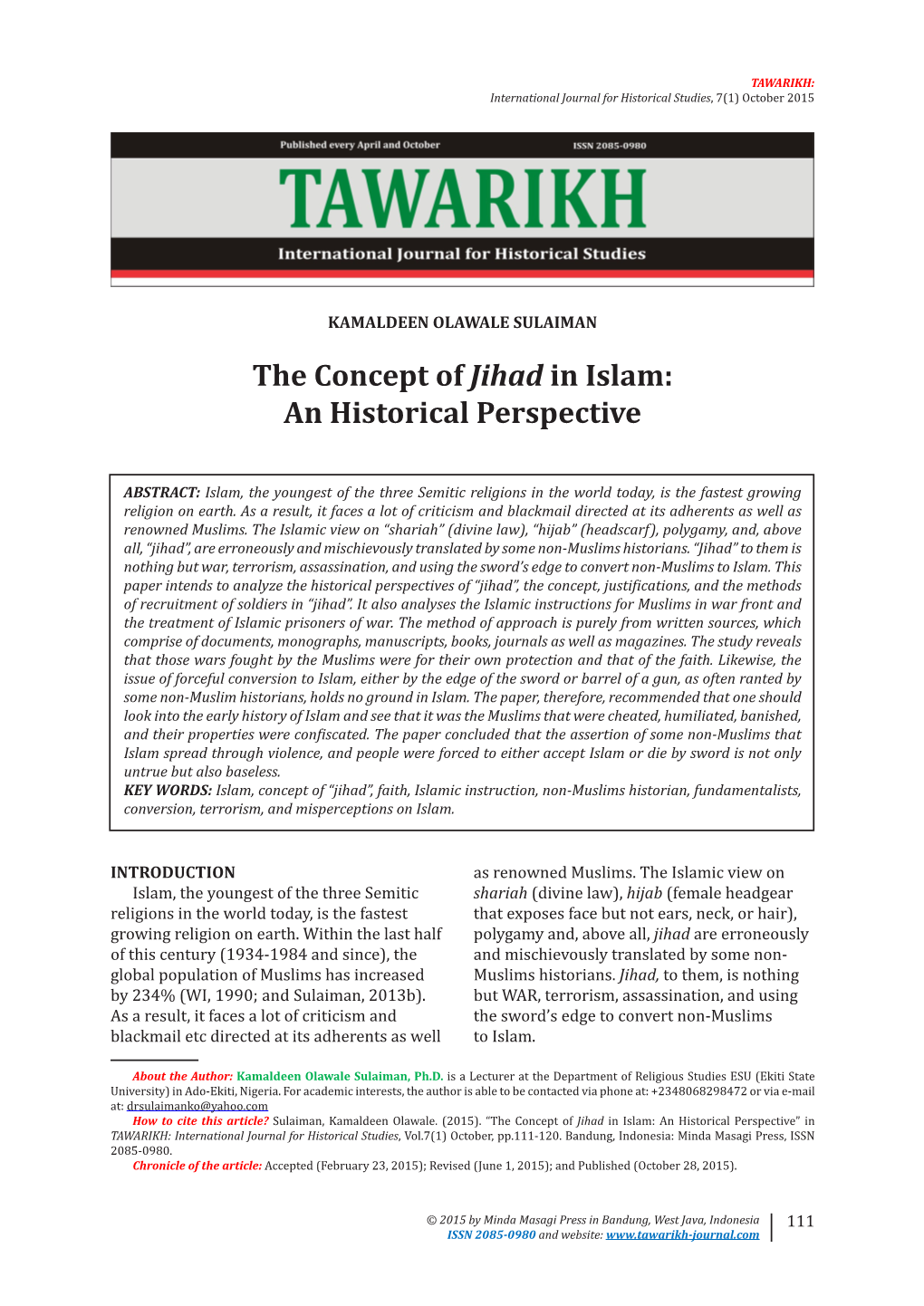The Concept of Jihad in Islam: an Historical Perspective