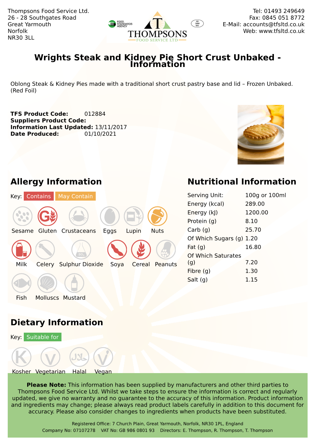 Allergy Information Nutritional Information Wrights Steak And