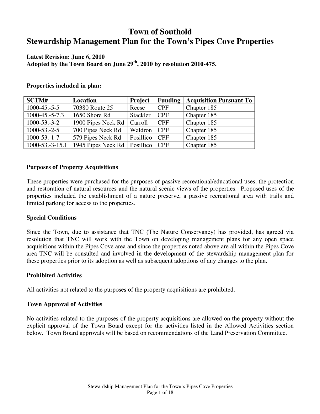 Town of Southold Stewardship Management Plan for the Town's