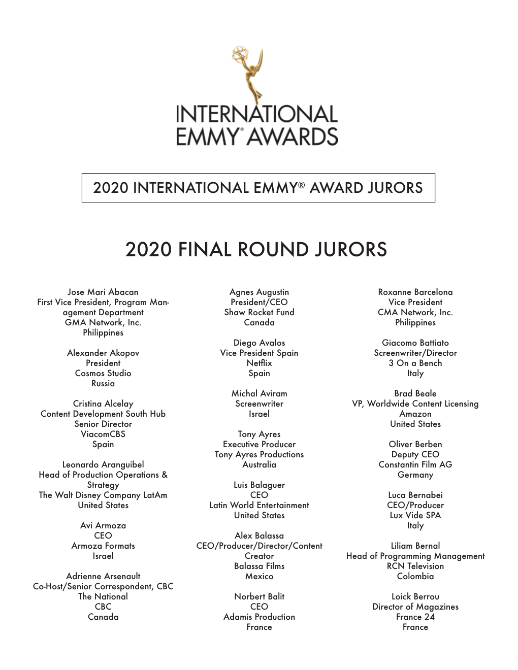 The Full List of 2020 International Emmy® Award Jurors