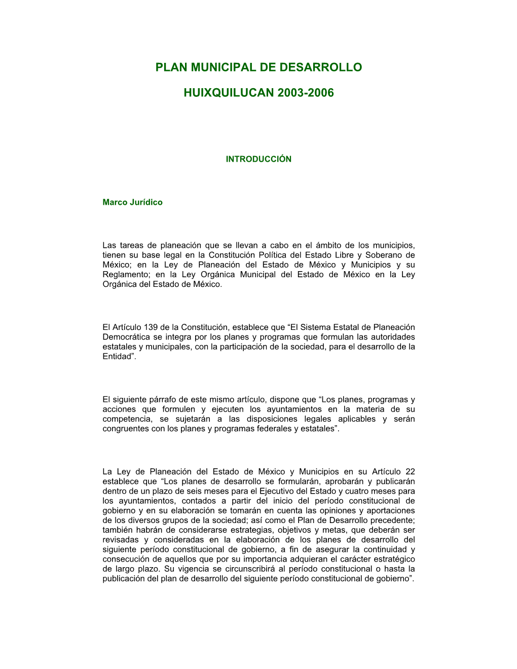 Plan Municipal De Desarrollo Huixquilucan 2003-2006