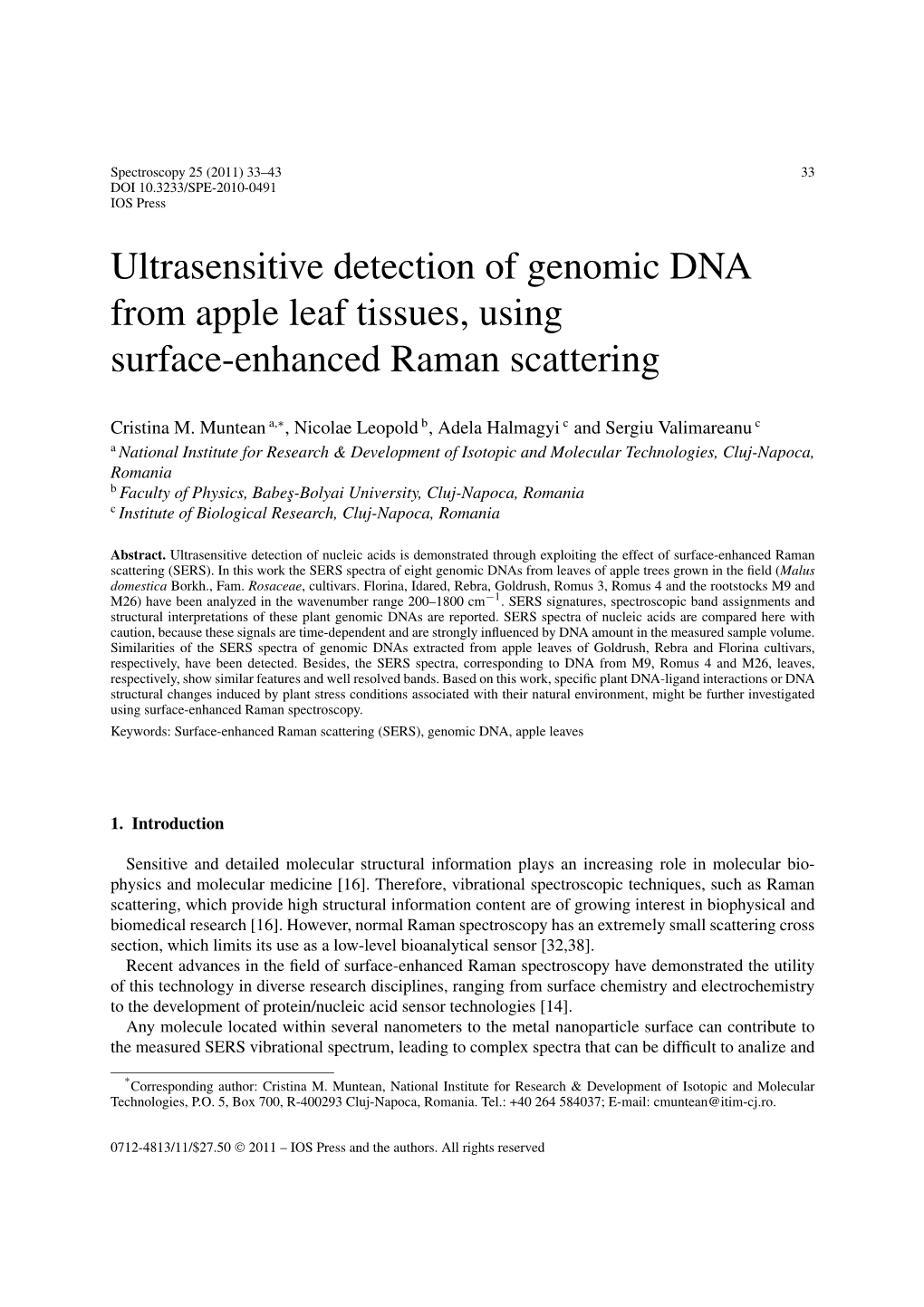 Ultrasensitive Detection of Genomic DNA from Apple Leaf Tissues, Using Surface-Enhanced Raman Scattering