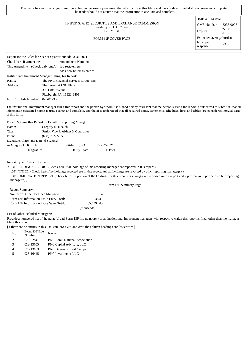 The Securities and Exchange Commission Has Not Necessarily Reviewed the Information in This Filing and Has Not Determined If It Is Accurate and Complete