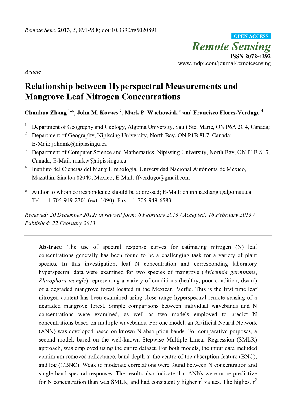 Relationship Between Hyperspectral Measurements and Mangrove Leaf Nitrogen Concentrations