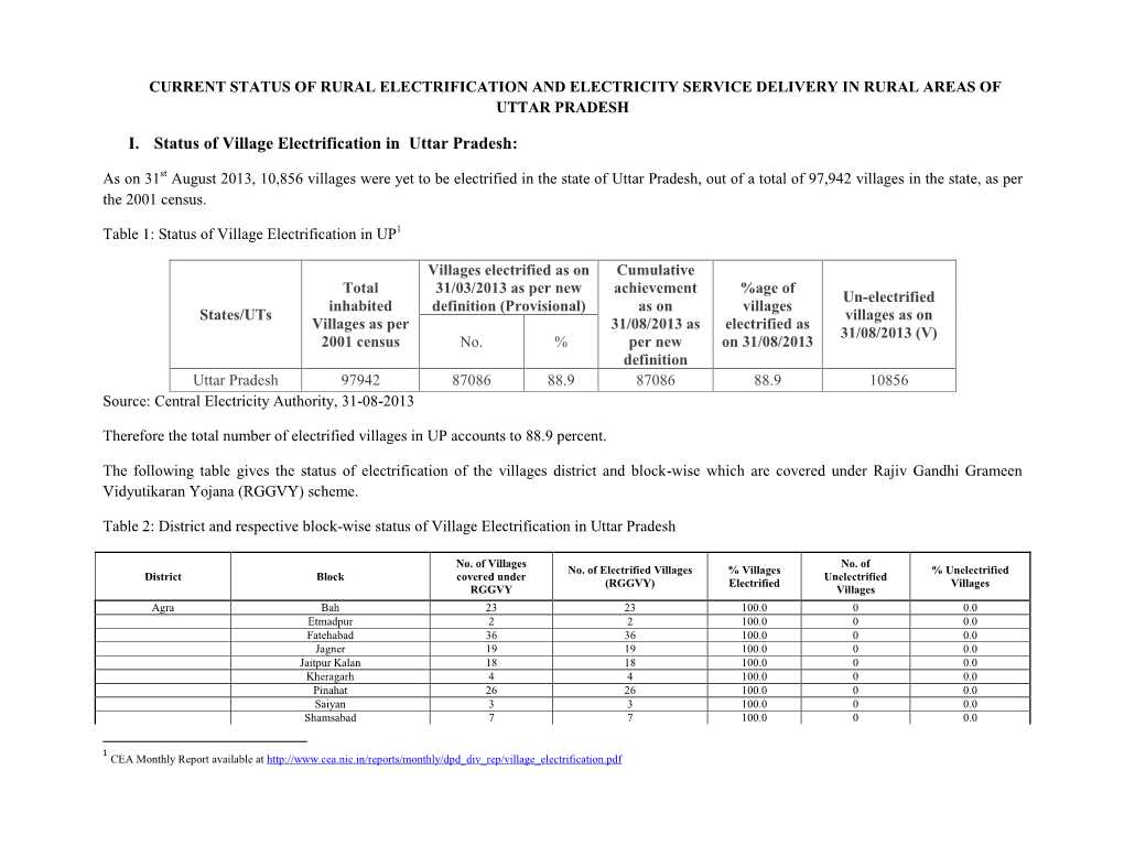 I. Status of Village Electrification in Uttar Pradesh