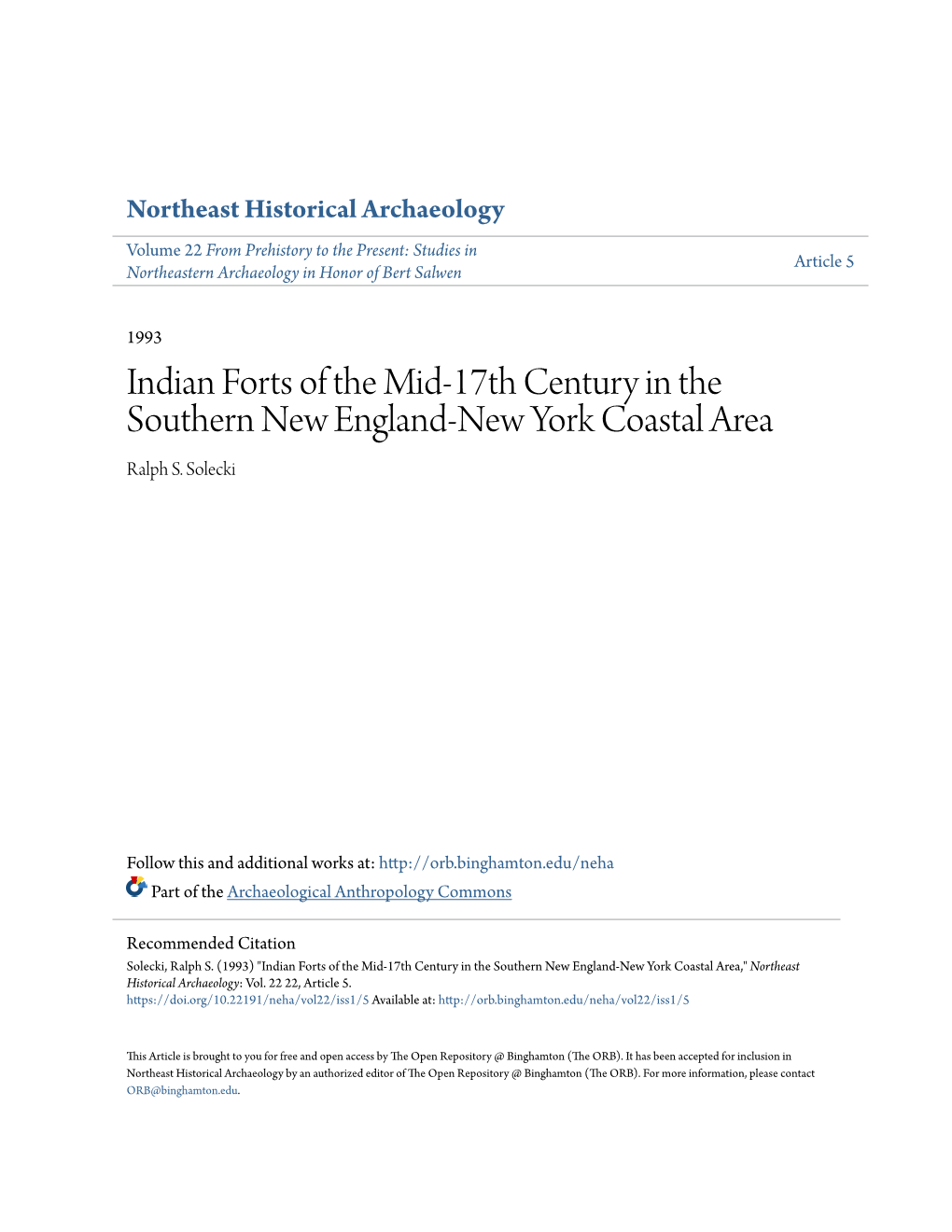 Indian Forts of the Mid-17Th Century in the Southern New England-New York Coastal Area Ralph S