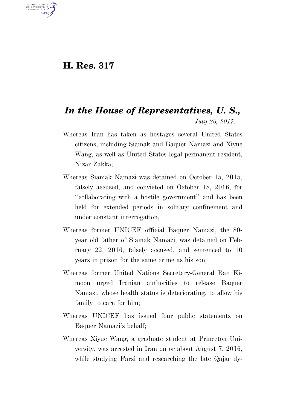 H. Res. 317 in the House of Representatives, U