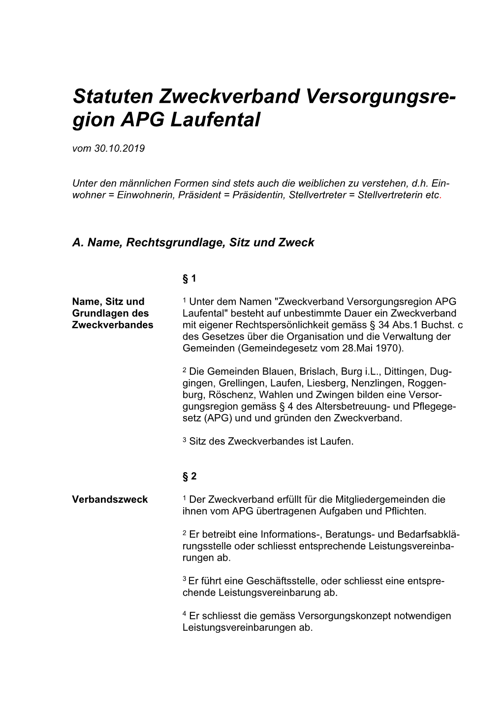 Statuten Zweckverband Versorgungsregion APG Laufental / 30.10.2019 Seite 2