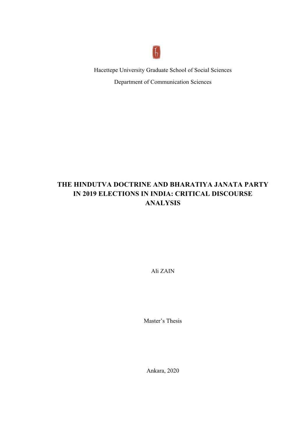 The Hindutva Doctrine and Bharatiya Janata Party in 2019 Elections in India: Critical Discourse Analysis