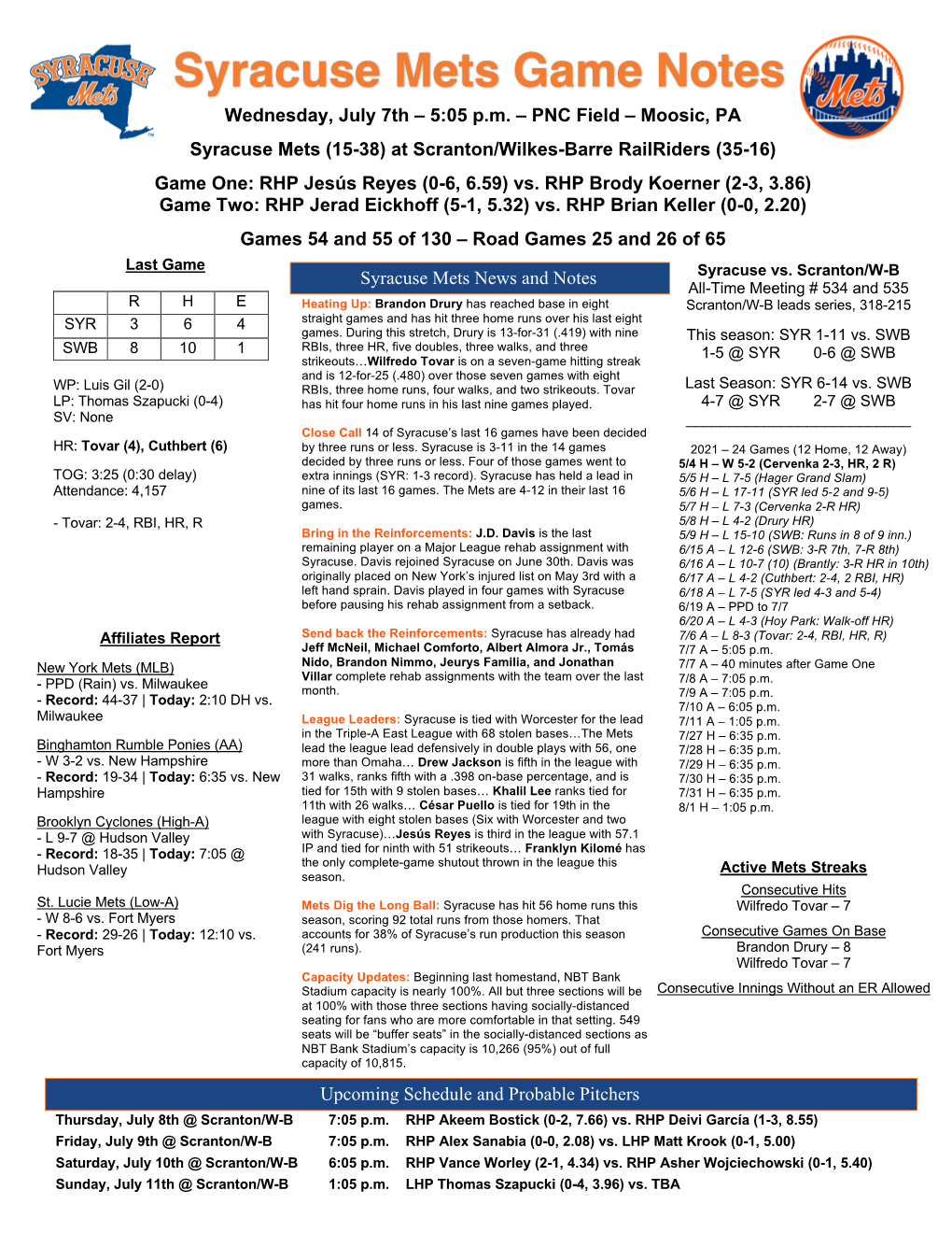 July 7Th Syracuse Mets Game Notes at Scranton:Wilkes-Barre Railriders