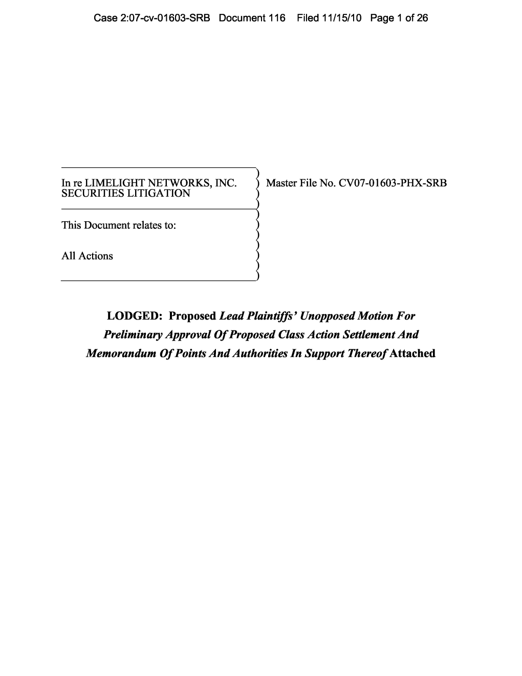 In Re Limelight Networks, Inc. Securities Litigation 07-CV-01603