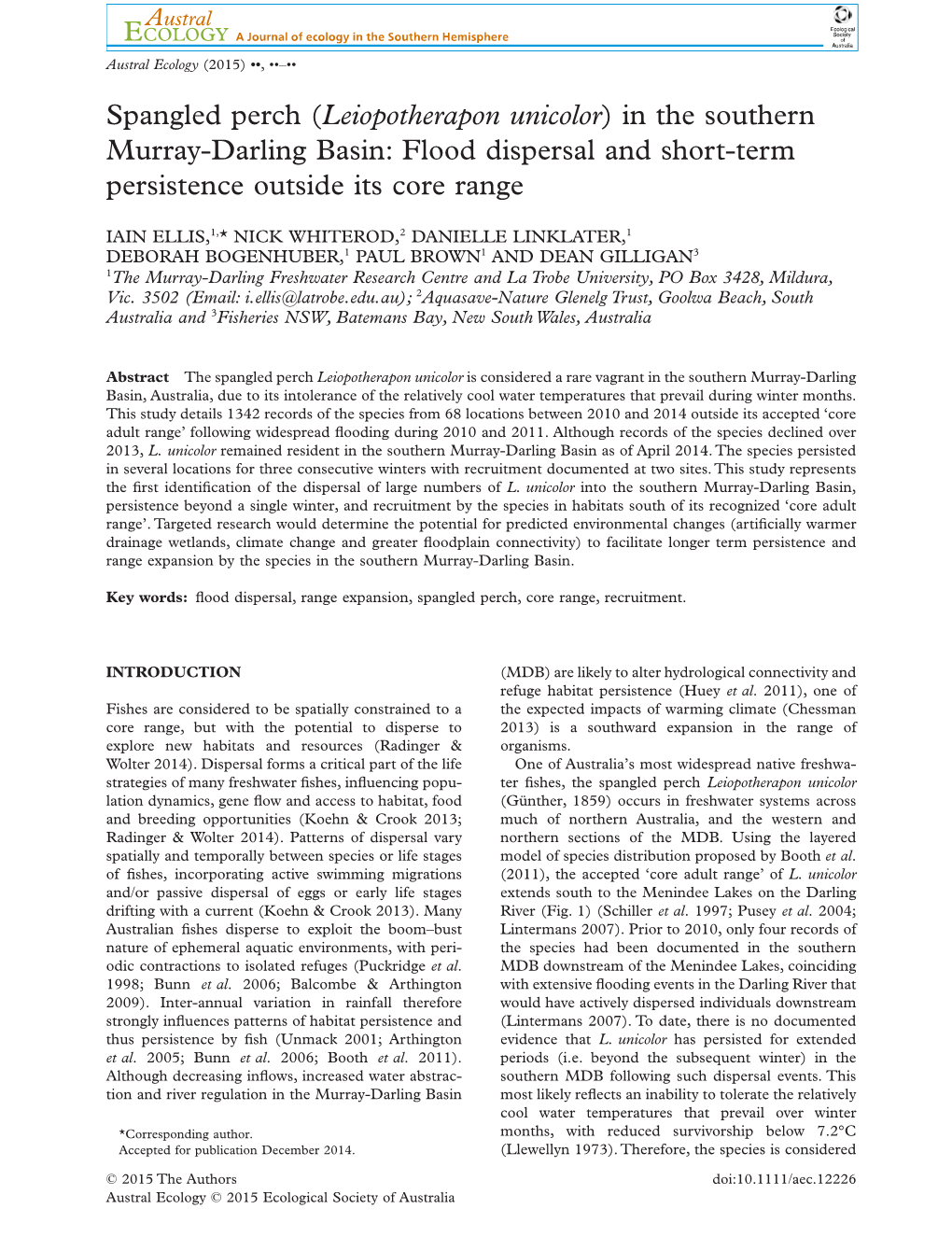 Spangled Perch (Leiopotherapon Unicolor) in the Southern Murray-Darling Basin: Flood Dispersal and Short-Term Persistence Outside Its Core Range