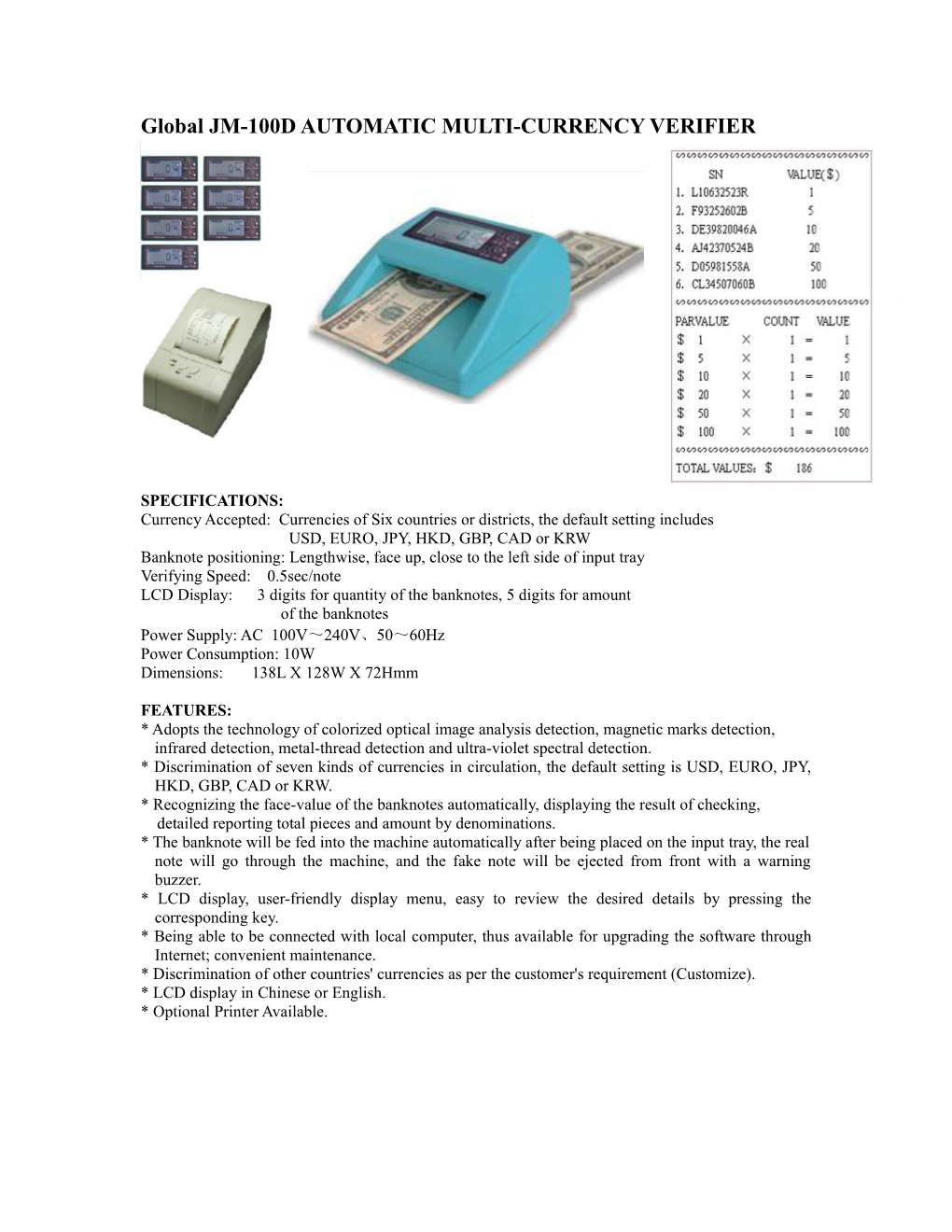 Global JM-100D AUTOMATIC MULTI-CURRENCY VERIFIER